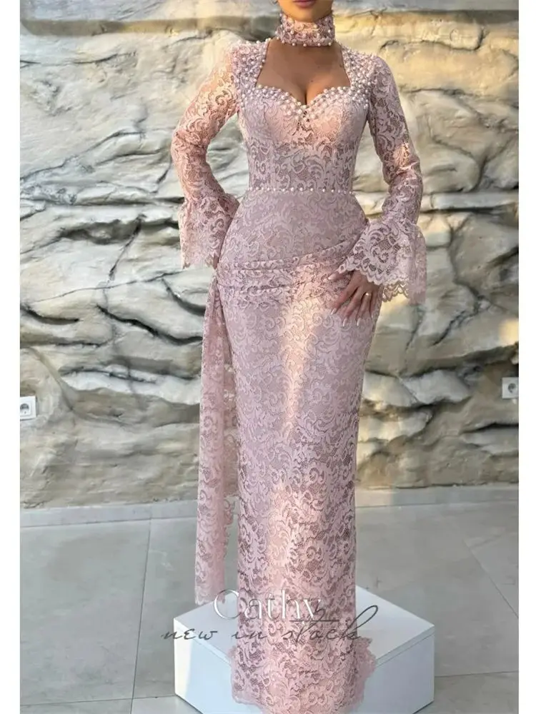 Cathy personalizado perlas encaje sirena mangas acampanadas vestido de graduación escote corazón vestidos de novia hasta el suelo vestidos de noche