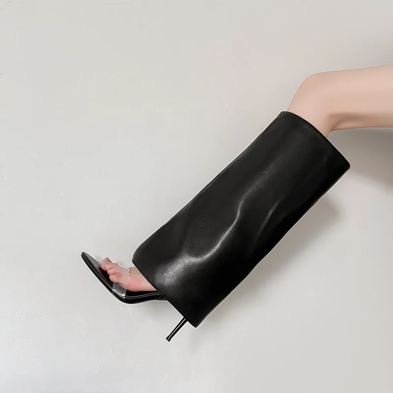 Arden furtado verão transparente pvc virado-over borda calças pernas botas dedo do pé apontado deslizamento-on stilettos salto aberto dedo do pé botas frescas