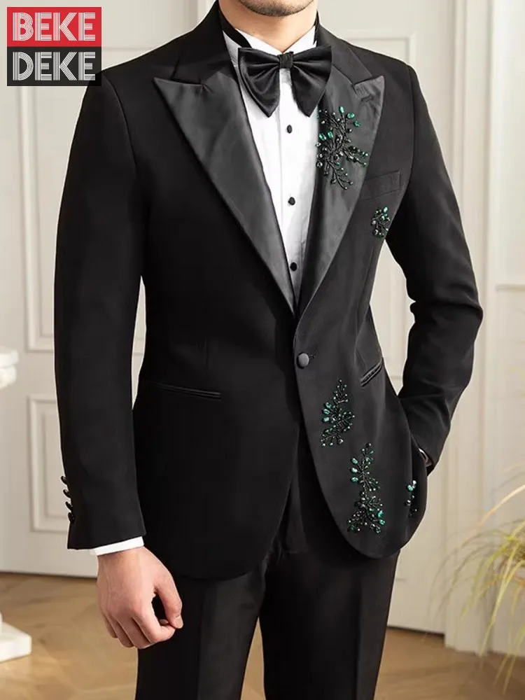 

Fashion Mens Diamonds Embroidery Blazer Jacket Two Piece Set Slim Fit Stage Show Formal Suit Business Banquet Dress Suit Sets