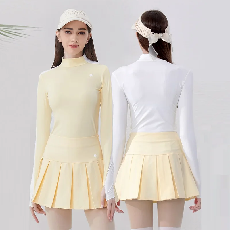 

Golfist Golf Woman Wear Summer Ice Silk Long Sleeve Tops Patchwork Stand Collar Polo Shirt Lady Golf skirts High-waist Skort Set