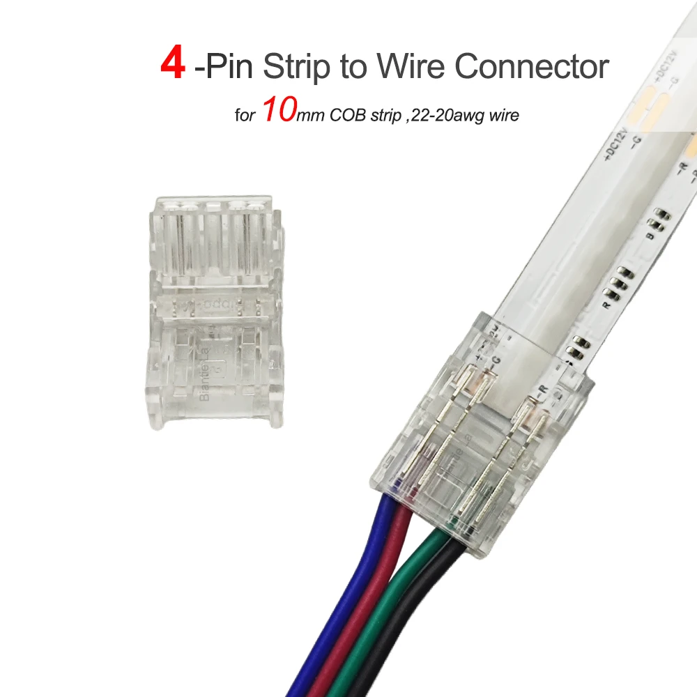 4-Pin LED Strip Connector for COB RGB LED Strip Lights, 10mm Solderless Quick Connect Clips, Wire to Strip Light Adapter