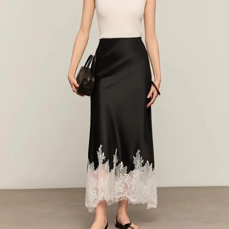 

Elegant Lace-Trim Satin Midi Skirt Women Summer High Wasit Wrapped Hip Slim Long Skirts Fairy Fashion Office Women Clothing New