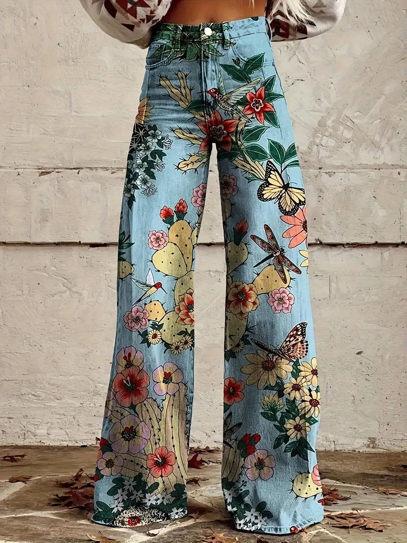 2026 Women's new Fashionable flame print gradient print loose wide leg jeans