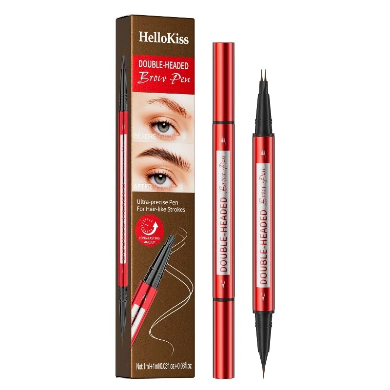 Wenkbrauwpotlood met 2 vorks Waterdicht Twee-in-één Vloeibaar wenkbrauwpotlood Gebogen wenkbrauwpen Make-up Ultrafijne wenkbrauwen Pen Rode buis