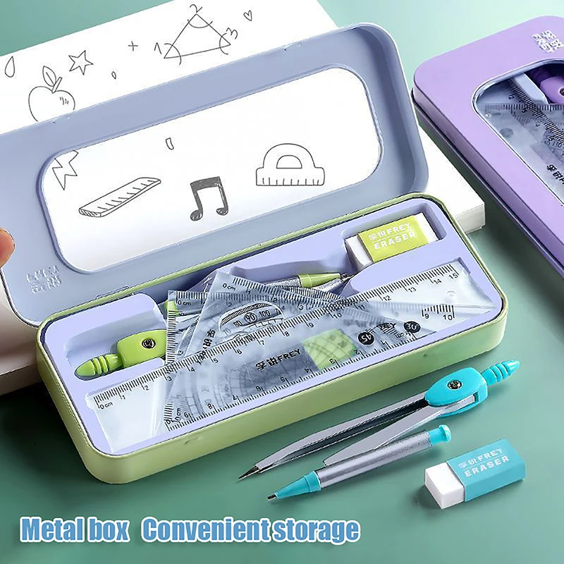 7Pcs Compass Ruler Set Student Ruler Set Cute Triangle Ruler Set Exam Specific Ruler Box Set Drawing Tools School Supplies