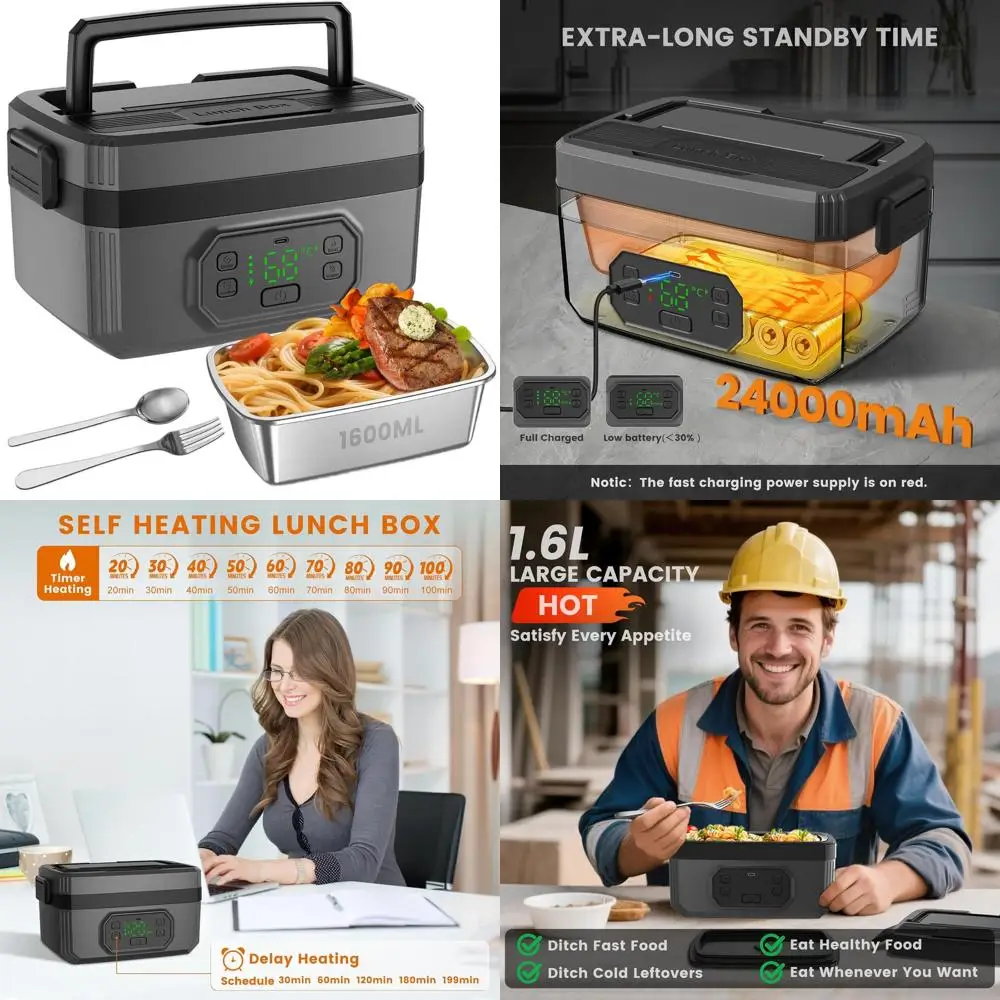 

Portable 1.6L Rechargeable Heated Lunch Box, 24000mAh Battery, Self-Heating Food Warmer for Adults and Both Men & Women
