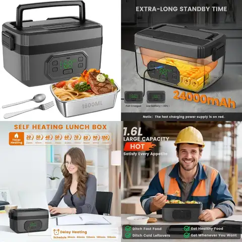 Portable 1.6L Rechargeable Heated Lunch Box, 24000mAh Battery, Self-Heating Food Warmer for Adults and Both Men & Women