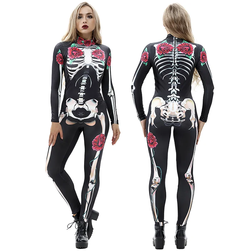 Rose Skelett Frauen Kostüm Halloween Urlaub Party Cosplay Overalls weiblich gedruckt Bodyuist Modenschau Zentai Anzug Kleidung