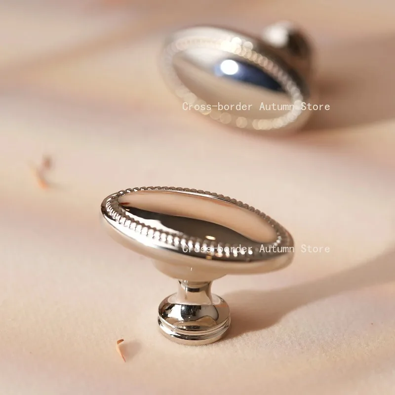 Solid Brass Furniture Handles Bright Nickel Beaded Edge Oval Single Hole Modern Cabinet Knobs