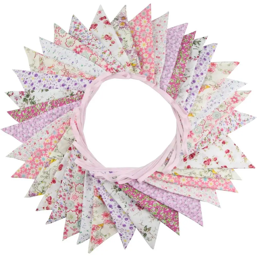 

10M Pink Cotton Fabric Pennant Garlands for Birthday, Wedding, Baby Shower, Outdoor & Home Decorations