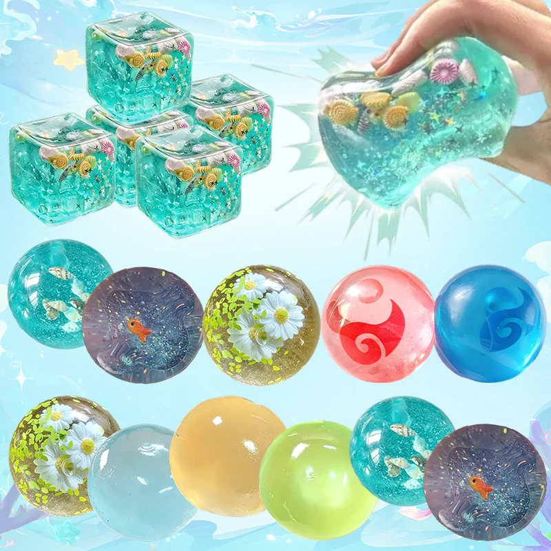 Ice Cube Squishy Stress Ball Toy Ocean Sensory Fidget Squishy Mixed Sea Animal Shell Daisy Sequins Soft Slow Rising Squeeze Ball
