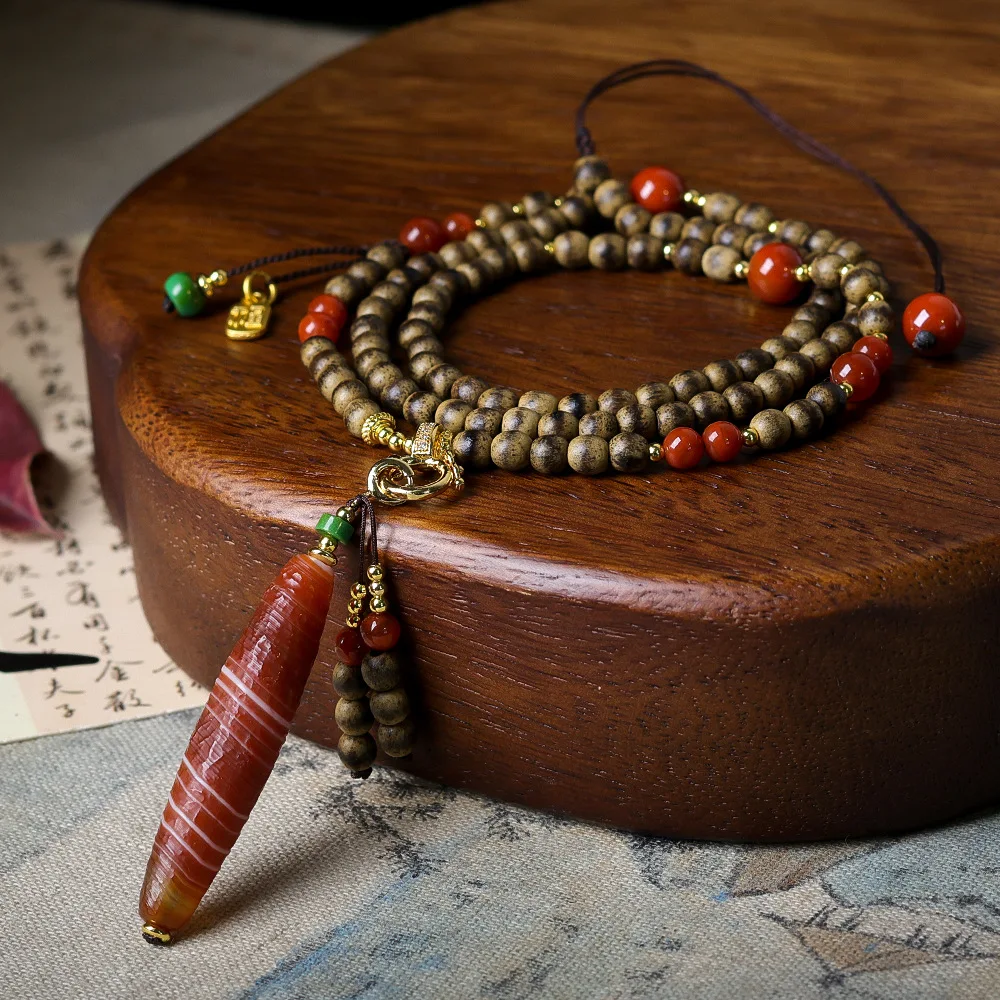 

Hand-Woven Butter Sedum Wood Necklace Wenchuan Wrapped Wire Wrapped Agate New Chinese Sweater Chain Skewers