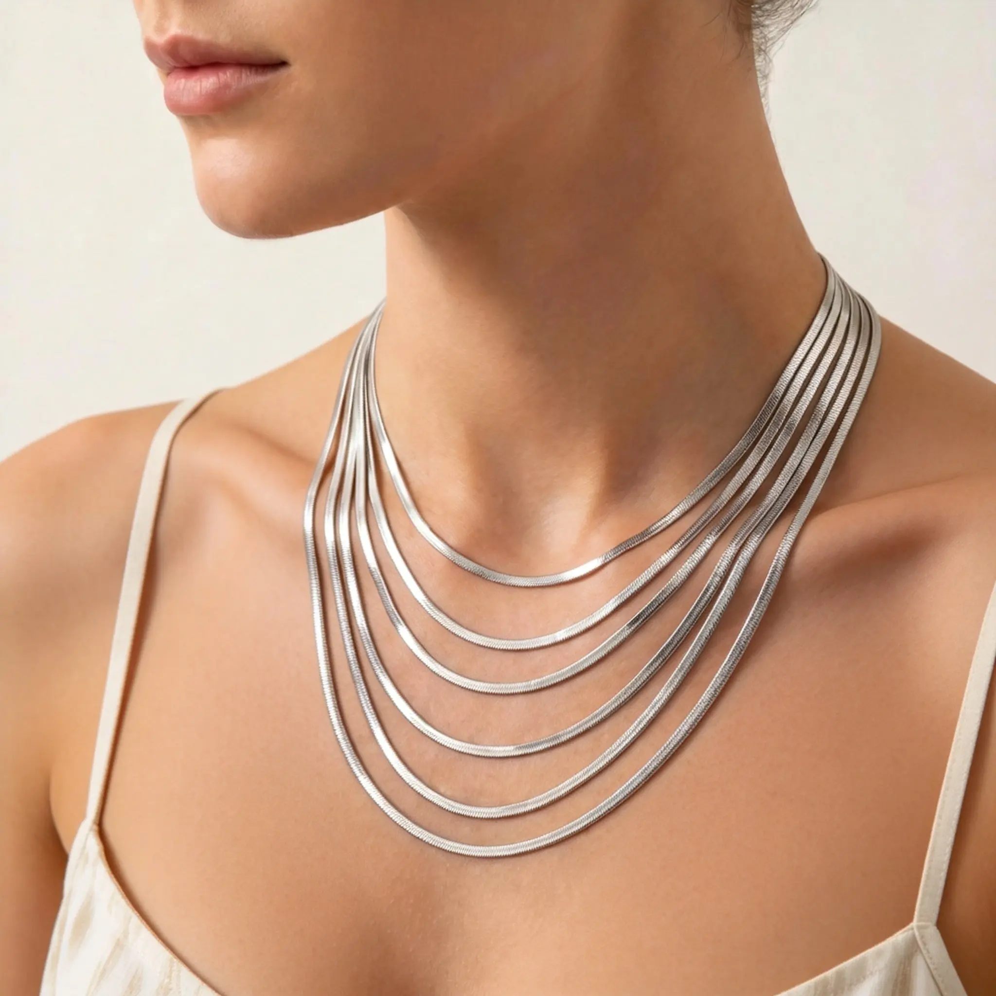 Dainty Herringbone Chain Choker For Women, 3mm Stainless Steel Silver Plated Flat Link, Minimalist Punk Jewelry Gift