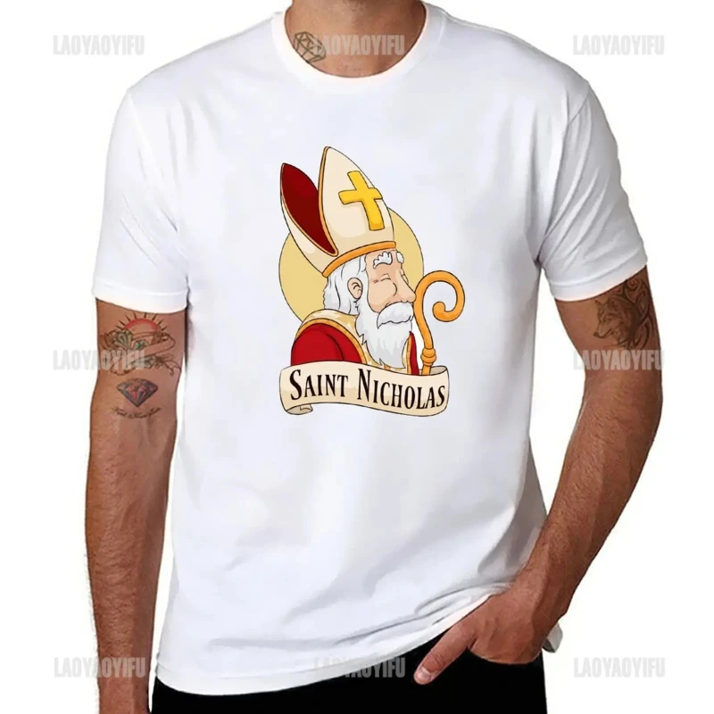 Saint Nicholas Christmas Women Tshirt Cotton Christianity Santa Claus Men Shirt Vintage Religion Christmas Cane Print Clothes