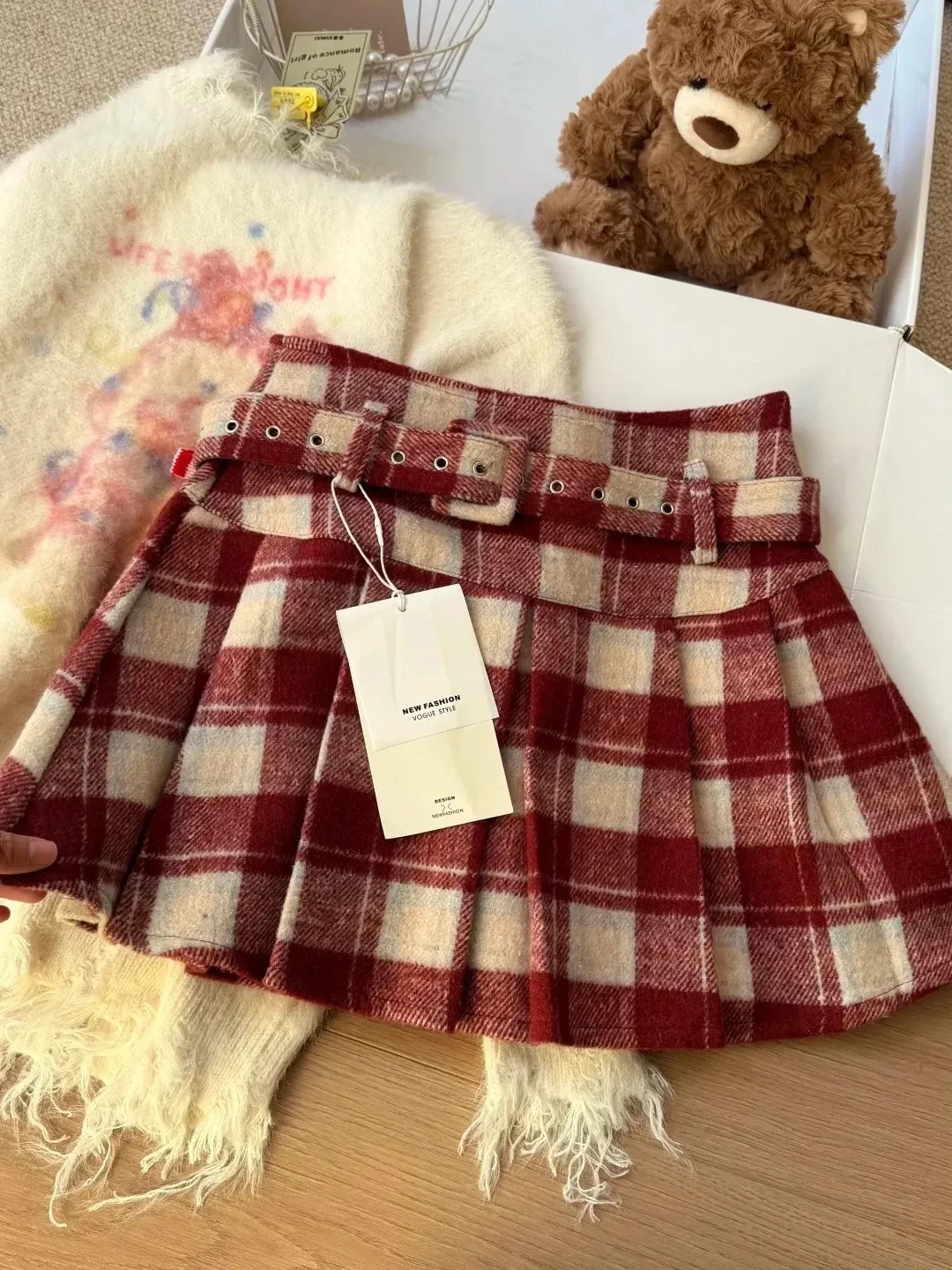 

Юбка женская шерстяная в клетку с высокой талией, осенне-зимняя, в студенческом стиле, А-силуэт, плиссированная, ретро, средней длины