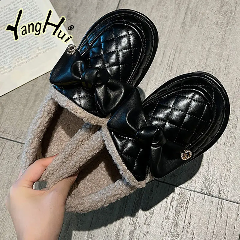 Plus Velvet Keep Warm Bow Flat Indoor Floor Flats 2023 New Fashion Autumn Winter Retro Concise Pu Women\'s Vulcanize Shoes