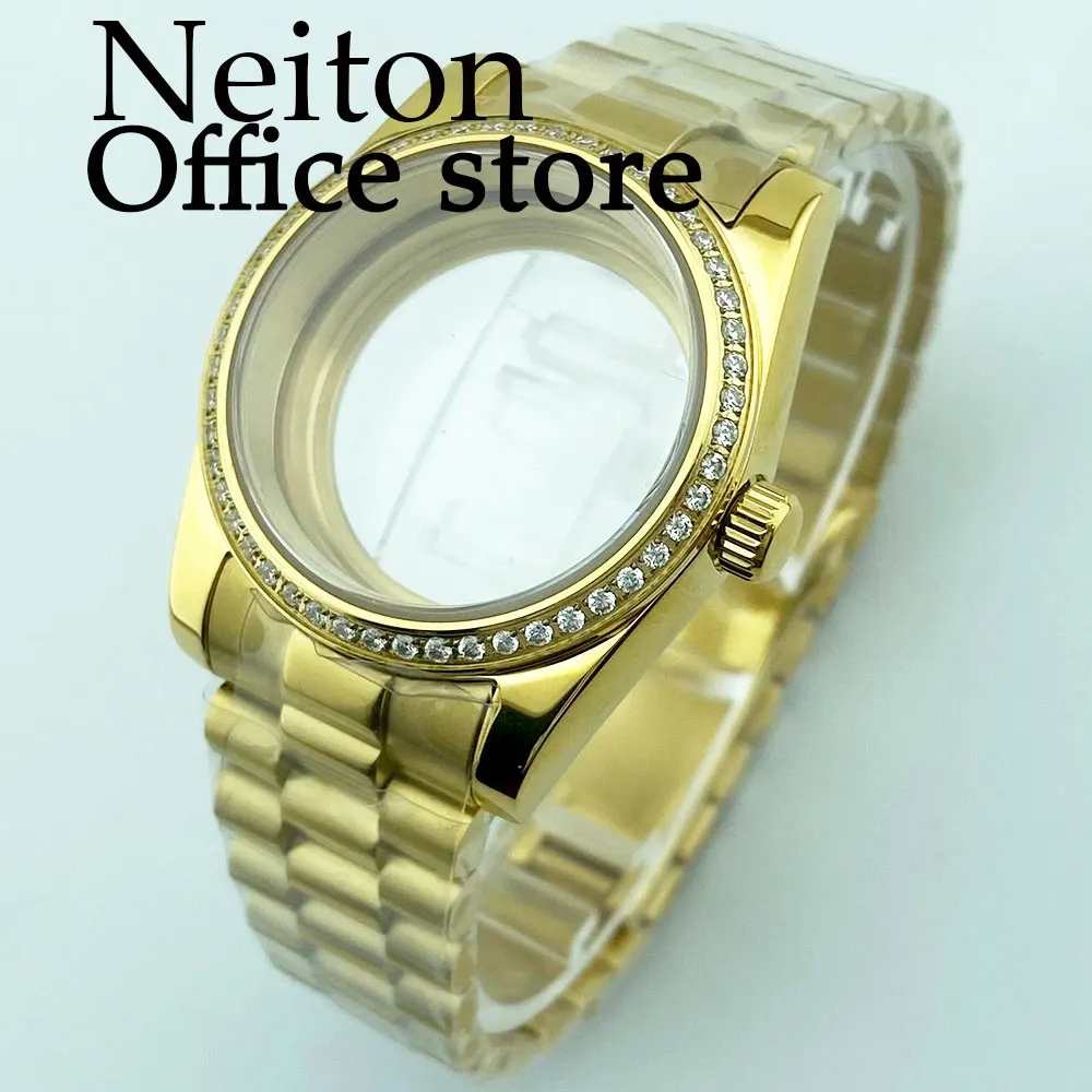 NEITON 36mm/39mm gold watch case sapphire glass gemstone bezel fit NH35 NH36 NH34 ETA2824 2836 Miyota8215 PT5000 movement