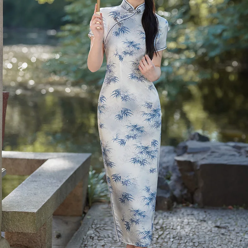 Yourqipao 2025 Rok Panjang Cheongsam Musim Panas Satin Temperamen Gaun Malam Qipao Gaya Cina Pakaian Pertunjukan untuk Wanita