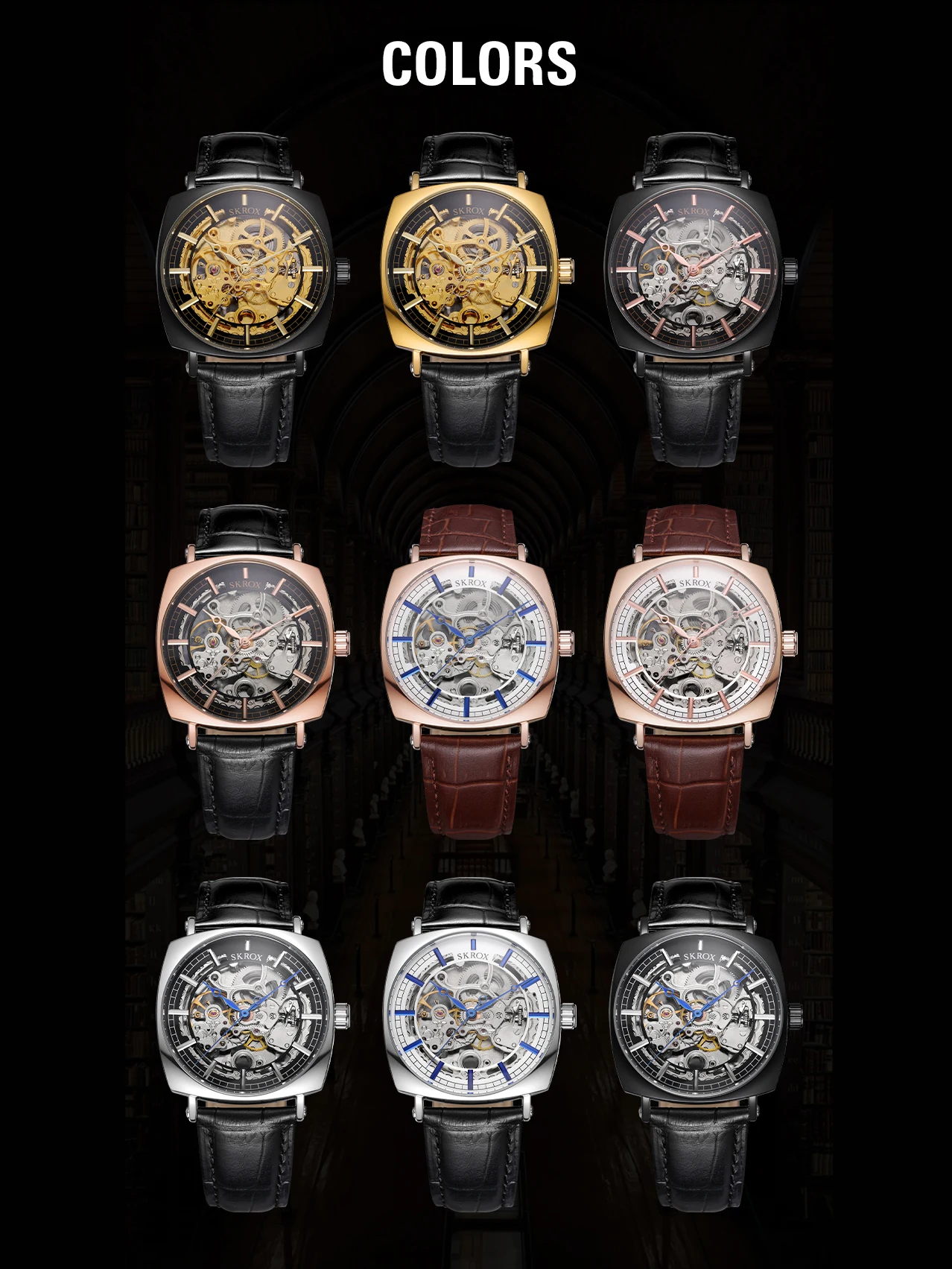 SKROX Square Skeleton Automatic Movement Elegant Man AAA Watch Mechanical Male Wrist Watches Original High-End Luxury Clockwork