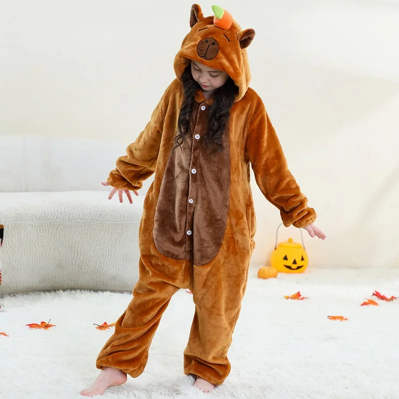 MICHLEY Carnaval Capybara Flannel Blanket Sleepers Onesie Hooded Children Costume Clothes Jumpsuit Sleepwear For Boys Girls