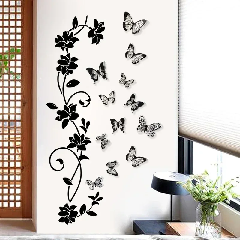 3D Butterfly Wall Sticker Black Flower Vine Living Room Background Room Wall Sticker Dark Style 38*43cm Home Decoration