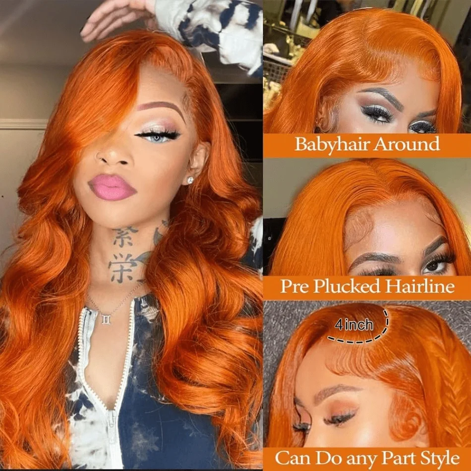 350 Ginger 13x4 HD Transparent Lace Front Wigs Human Hair Orange Colored Body Wave Lace Front Wig For Women 350 Color Wig Free Part Realistic Looking 30 Inch view 3