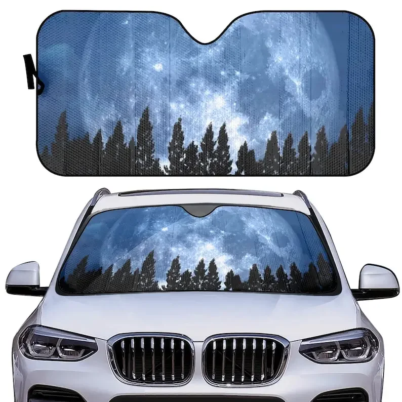 Full Moon Night Forest Windshield Sunshade, Boho mystical witch car shade sun blocker, Moon interior car decor, Women car access