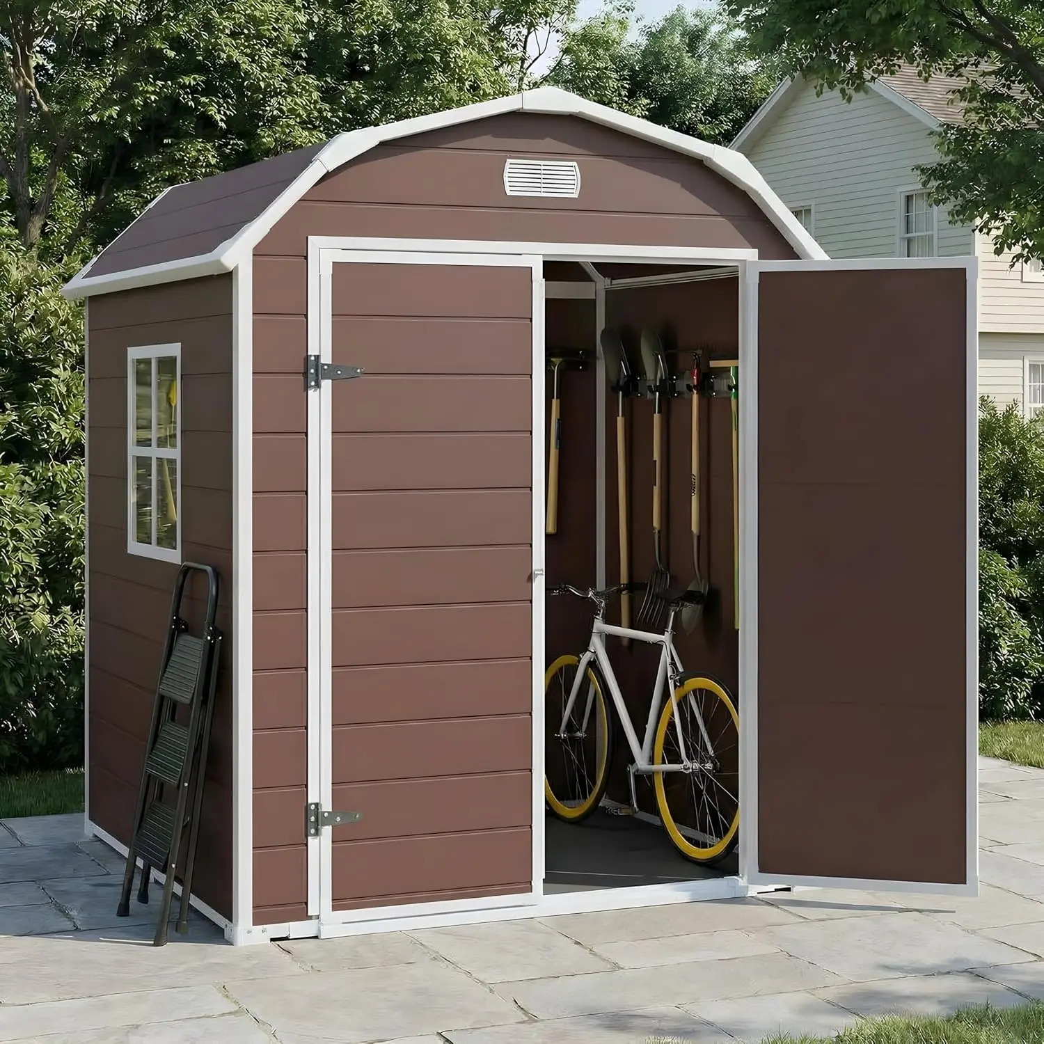 6x4.5ft Resin Outdoor Storage Shed with Floor, Plastic Garden Shed with Double Doors, Weatherproof Tool Shed, Customized