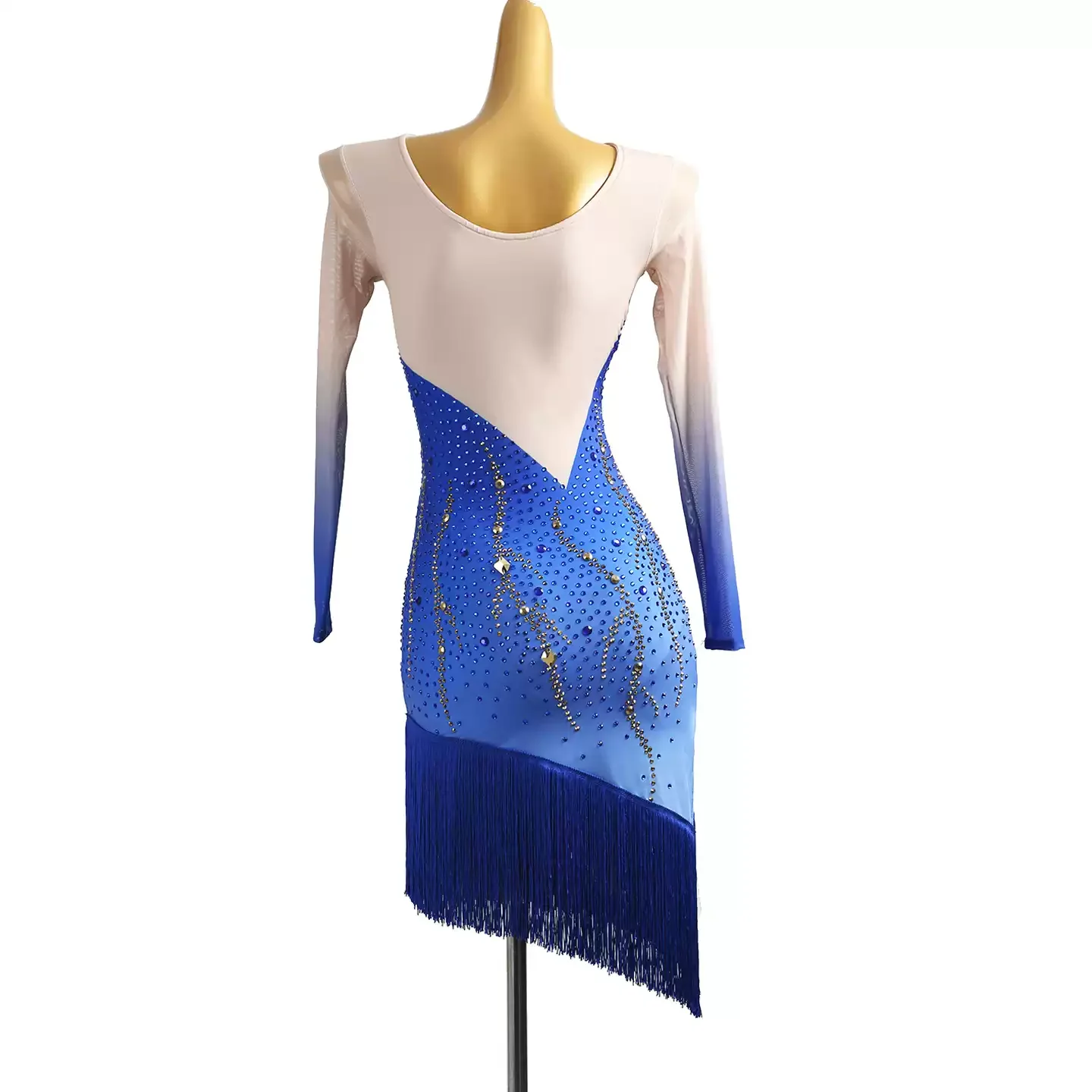 Lady Latin Dance Competition Performance Dress For Women Gradient Tassels Rhinestones Mesh Dress Samba Practice Clothes