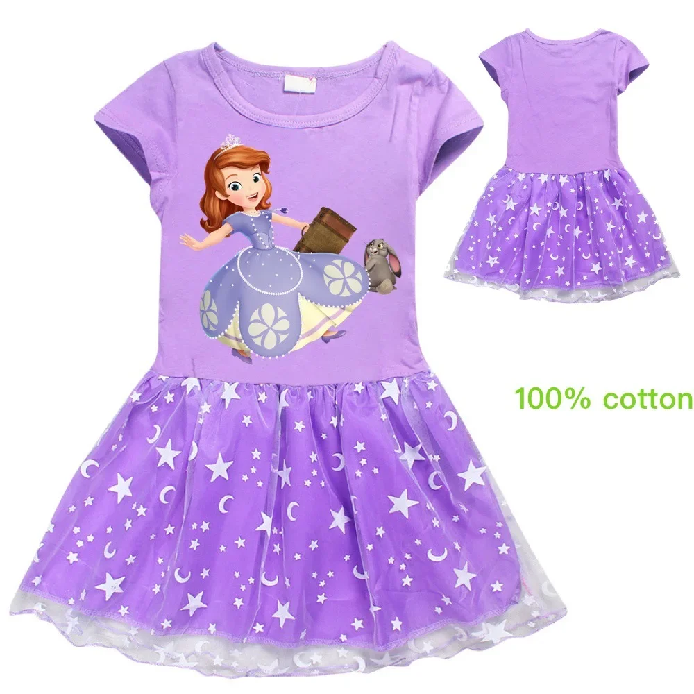 Girls Dresses Cartoon Princess Sofia the First Print Cotton Summer Dress Short Sleeve Star Moon Children Lace Christmas Costumes