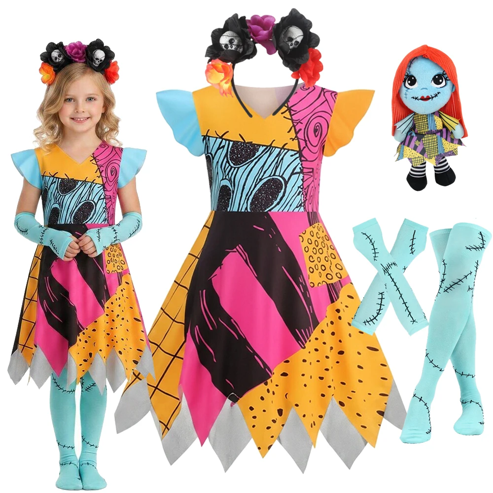 Girls Horror Halloween Cosplay Party Sally Dress Nightmare Xmas Children Cosplay Carnival Party Costume Outfit