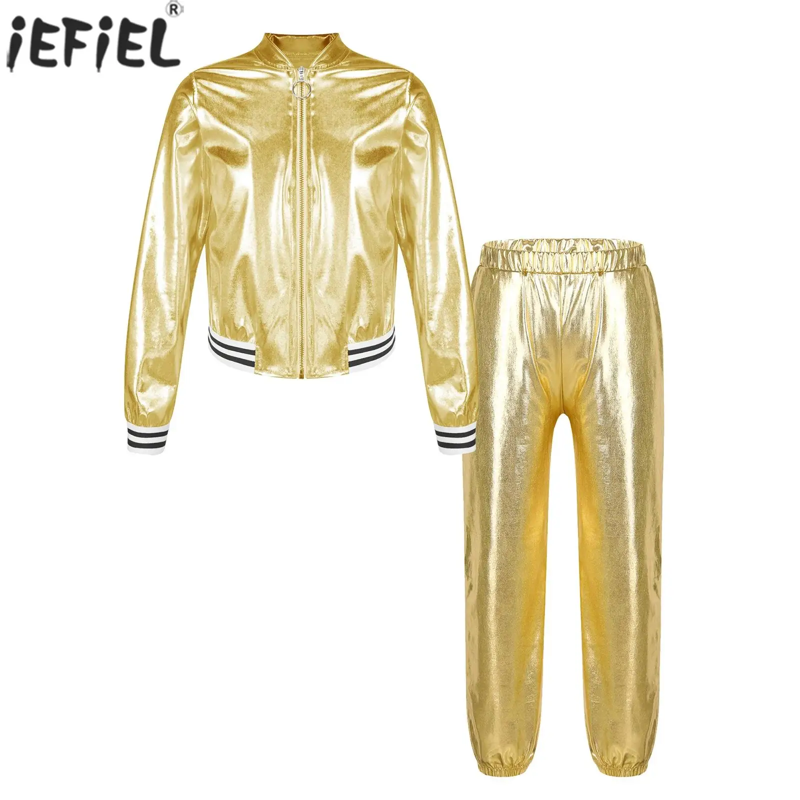 Kids Girls Sports Outfits Jazz Hip Hop Street Dance Costume Shiny Metallic Long Sleeves Bomber Jacket Coat with Pants Streetwear