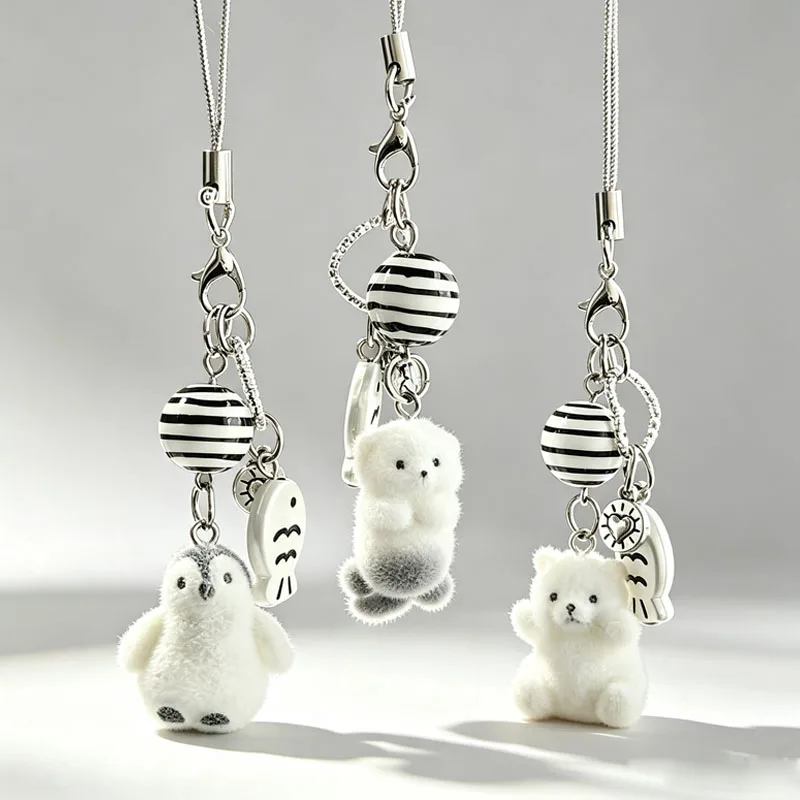 New Flocking Cartoon Keychain Cute Penguin Seal Polar Bear Pendant Car Key Holder Keychains Bag Decoration Keyring YSL54