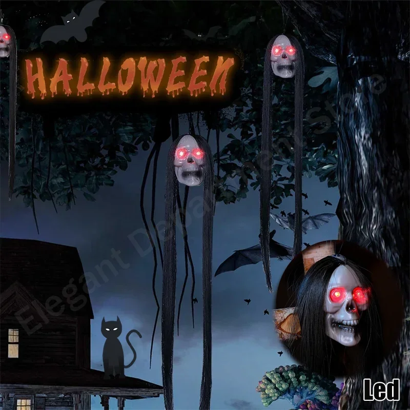 Halloween-Geisterkopf mit Langen Haaren und Leuchtenden Augen, Gruseliges Skelett-Kopf-Deko für Spukhaus, Party, Outdoor und Garten ﻿ – Detail 1