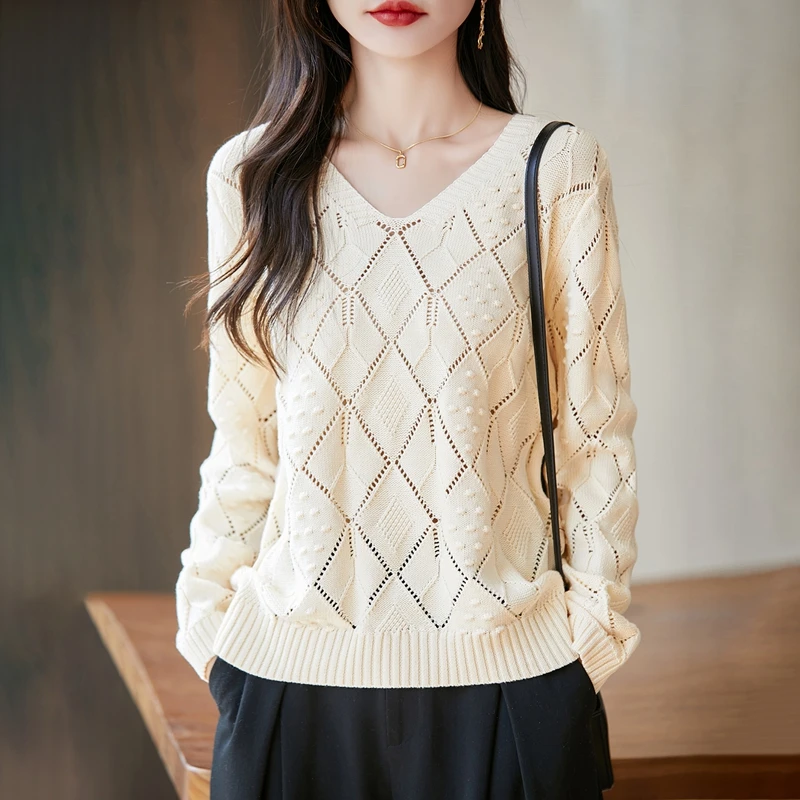Autumn and winter new women's solid color V-neck pullover 100% pure cotton high-end hollow sweater loose hot selling women's top
