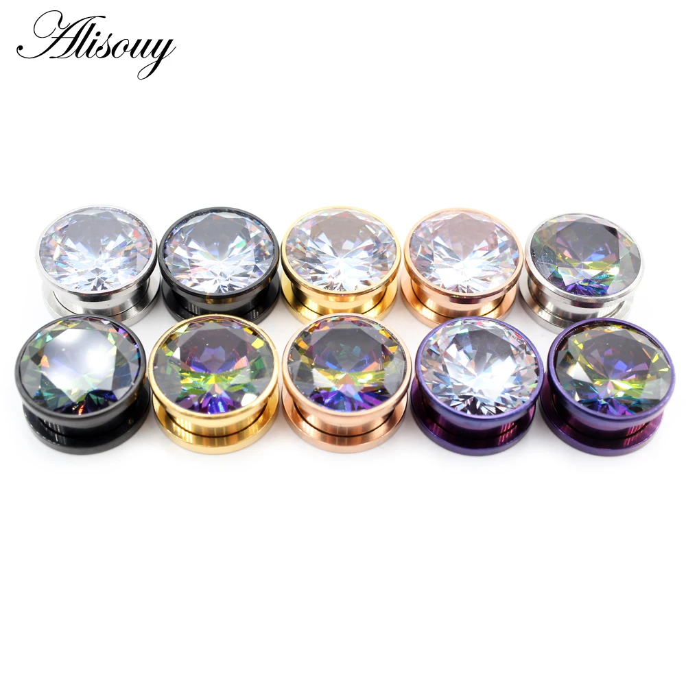Alisouy 2PC Double Flared Ear Plug Tunnel Stainless Steel Screw Back Colorful Zirconia Earrings Gauges Expander Piercing Jewelry