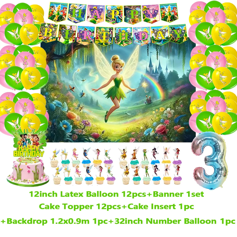 ديزني تينكر بيل موضوع حفلة عيد ميلاد زينة خلفية الكرتون الجنية الجان بالون كعكة توبر لوازم استحمام الطفل الدعائم