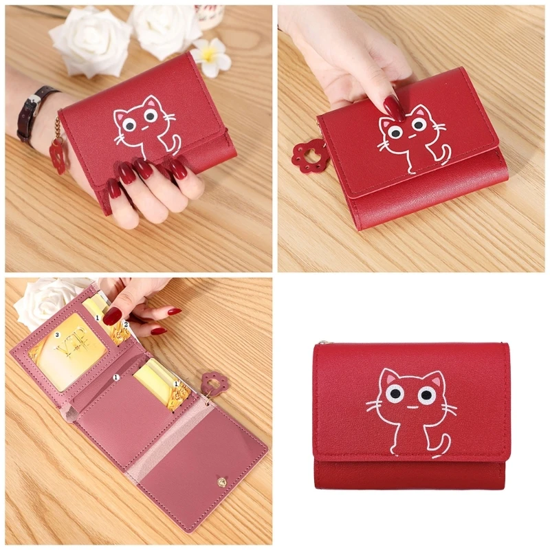 Portefeuille de qualité compact et durable pour femme, mini porte-cartes à fermeture éclair, poches pour espèces, porte-monnaie à la mode, petit chat de dessin animé