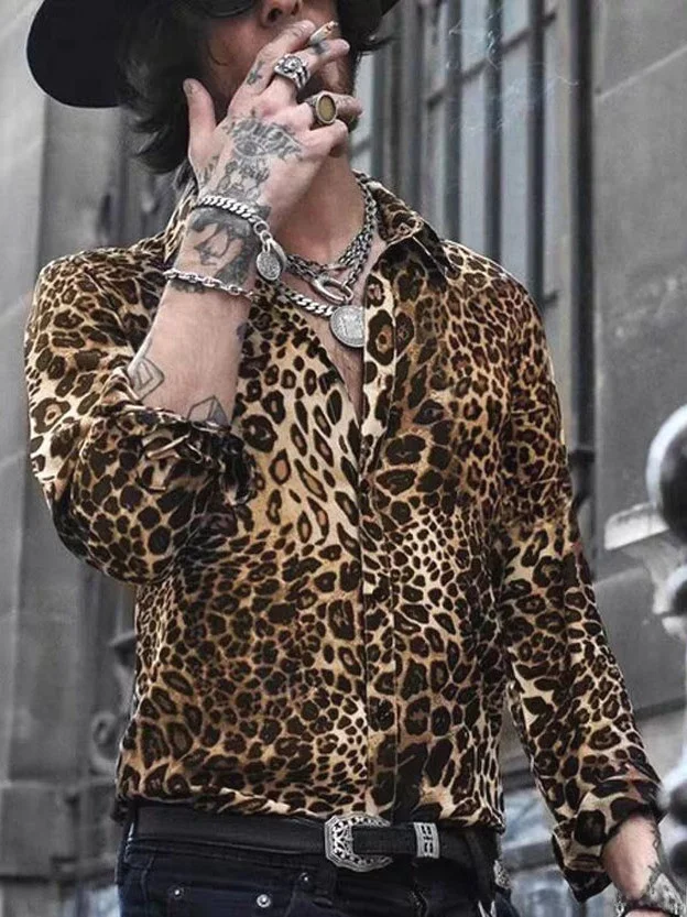 

Wild Leopard Print Long Sve Men's irt Disco Ice Silk Performance Costume DJ Singer Broaast Stand Fit Youth Faion