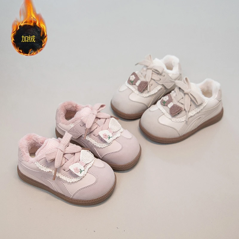 Kids'Casual Shoes PU Leather Bow Color Blocking Winter Shoes For Children Anti-slip Breathable Pink White Shoes Size 22-31