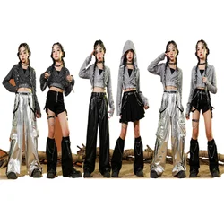 Children Gilrs Jazz Hip Hop Dance Costumes Sequin Hooded Jacket Leather Pant Kids Hoodie Shorts Sets Stage Fashion Show Clothing