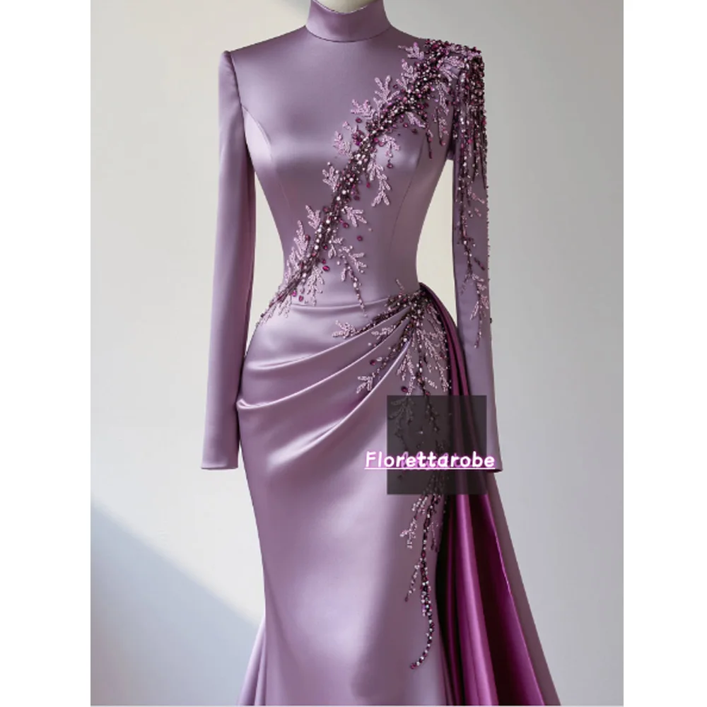Florettarobe Exquisite Purple Satin Sequined Appliques Pleat  High Collar Long Midi Dress Bespoke Occasion 4 styles Customized view 3