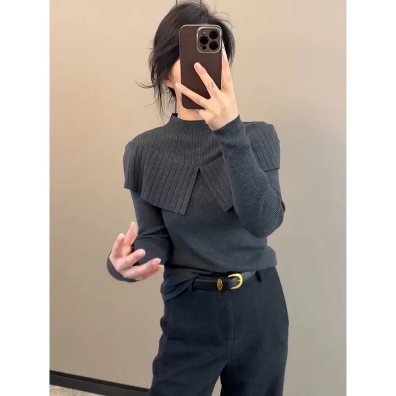 سترة صوفية أنيقة بنصف الياقة المدورة للنساء، سترة داخلية رفيعة وعصرية ومتعددة الاستخدامات #5