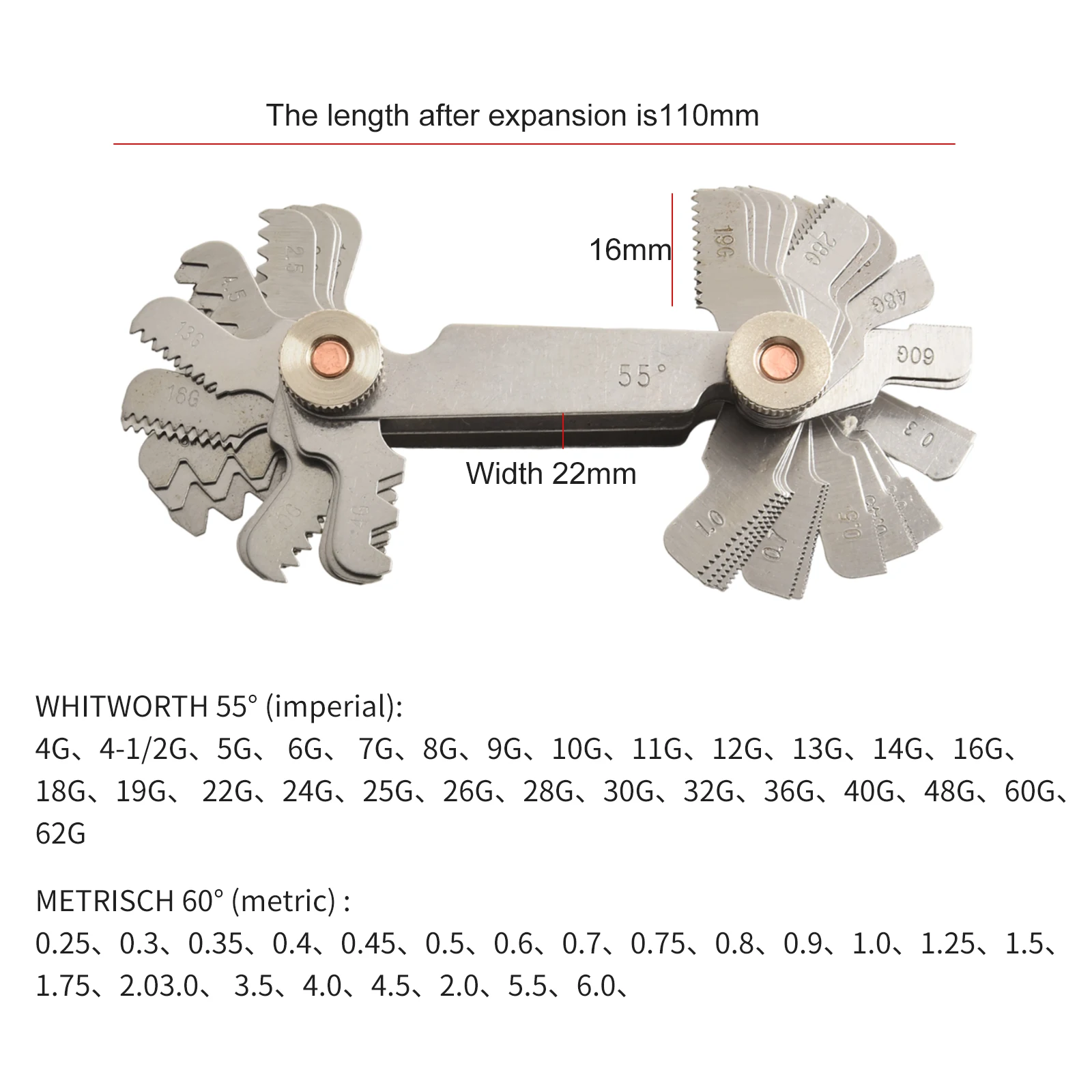 Stainless Steel Thread Gauge 52 Sheets with Metric 60 Degree and Inch 55 Degree Teeth for Thread Pitch Measurement and Tool Kits