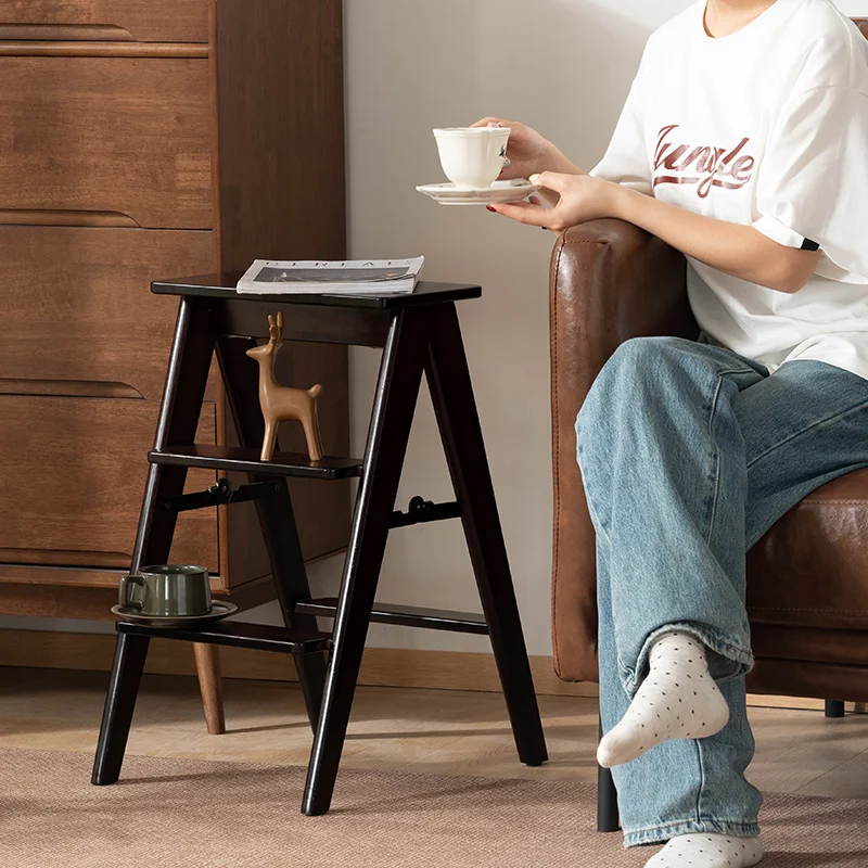 

3-Step Folding Step Stool Bamboo Kitchen Ladder Chair Multi-Purpose Footrest Portable High Stool Non-Slip Convertible Shoe Bench