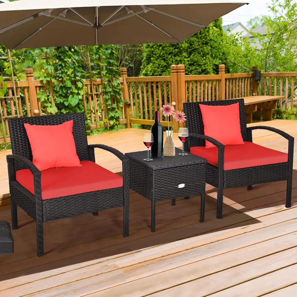 

3PCS Patio Rattan Furniture Set Storage Table Cushioned Red Sofa Deck