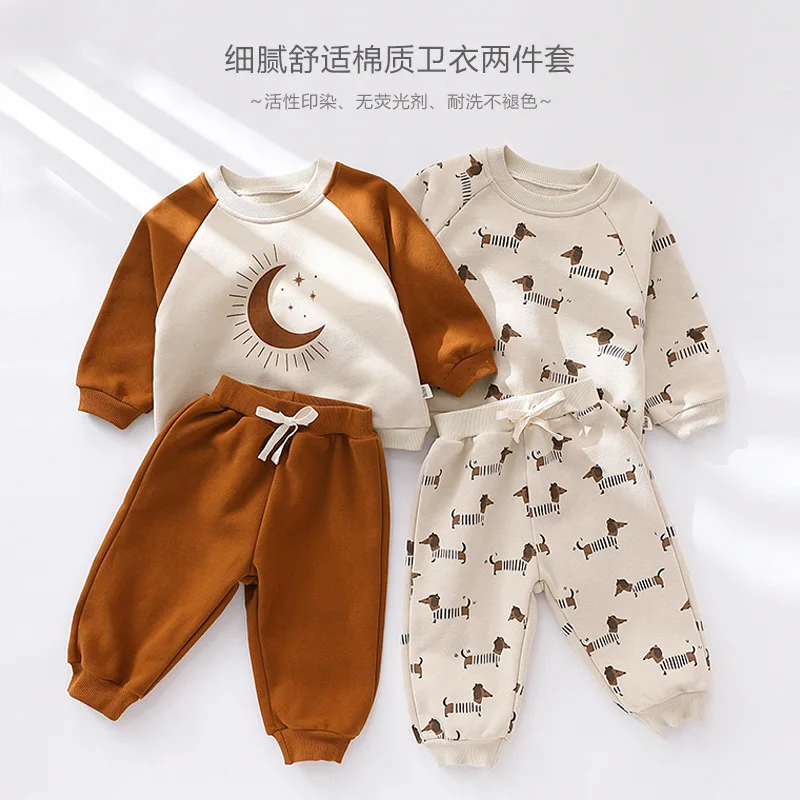 New Spring 2026 Toddler Fleece Outfit Boys Girls Long Sleeve Sweatshirt Pants 2pcs Set Cute Moon Puppy Baby Casual Daily Wear
