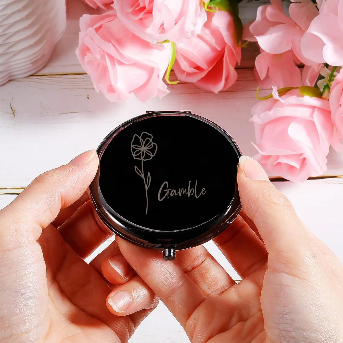 1PC Lovely Flower Customized Name Laser Personalized Text Metal Golden Round Circle Mirror Wedding Guest Gifts