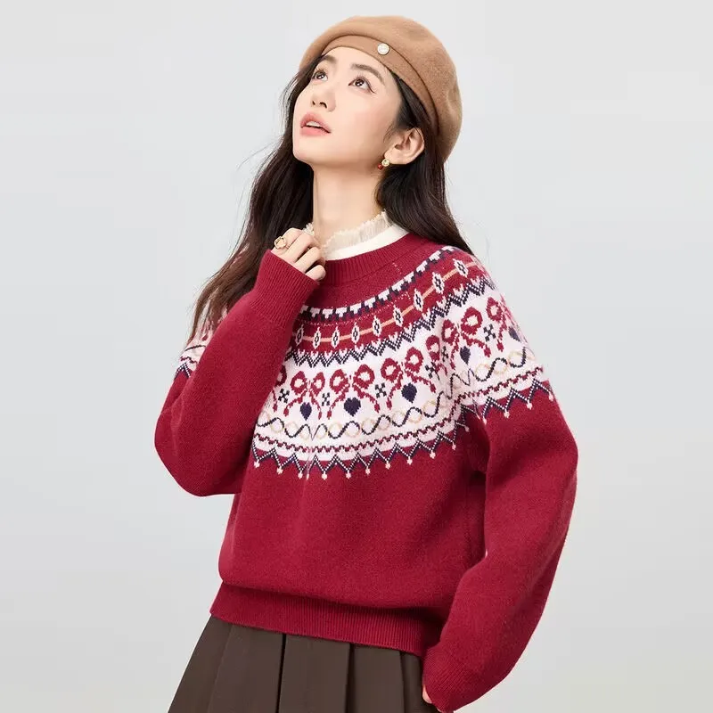 2025 Winter Clothes Comfortable Woman Pulls Femmes All-match Loose Simple Style Sweater Contrast Keeping Warm Vintage Commuting