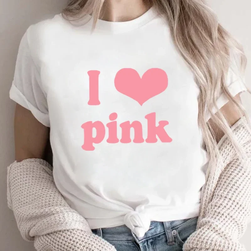 I Love Pink Lettering T-Shirts We Wear Pink on Wednesday Pink Ribbon for Cancer Prevention Aesthetic Grunge Girl Punk Streetwear